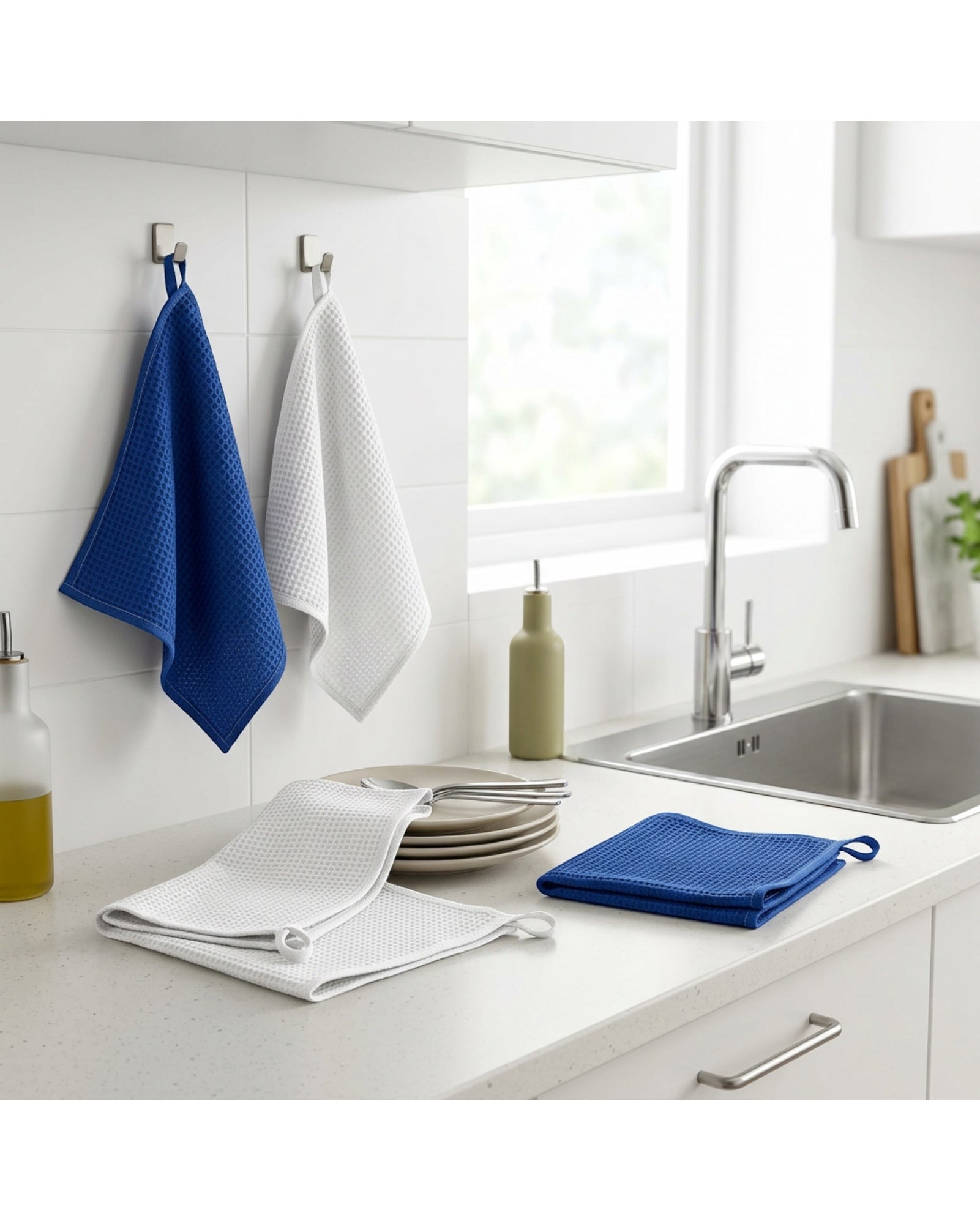 Zanoa Cotton Waffle Dish Cloths Set of 4 35 x 35 cm Cobalt and White - Lifestyle view