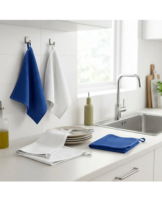 Zanoa Cotton Waffle Dish Cloths Set of 4 35 x 35 cm Cobalt and White - Lifestyle view
